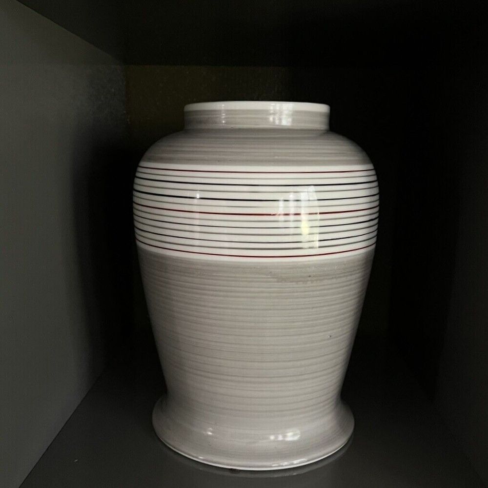 VINTAGE 1979 The Haldon Group Japanese Ceramic Vase Gray Multi Striped Pottery